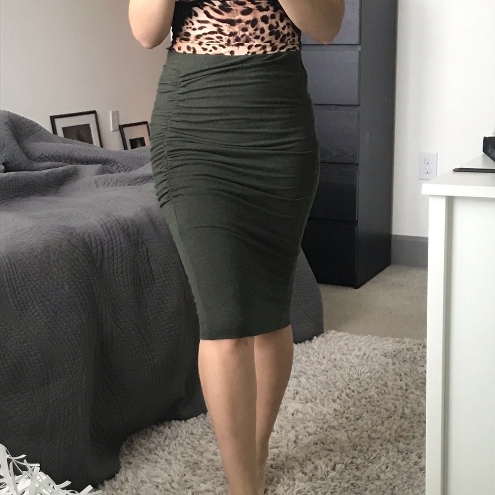 Olive green ruched knit pencil skirt